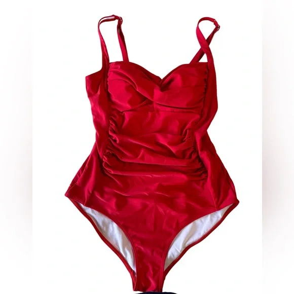 EKOUAER RED Vintage Retro One Piece Monikini Swimsuit ruched middle NWT - Picture 1 of 10